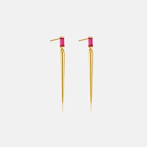 Macro view of S925 silver earrings with rose red stones and long tapered cone pendants