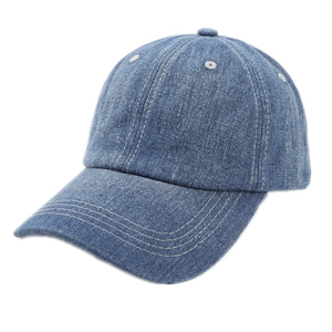 Classic blue denim baseball cap with curved brim and white decorative stitching details