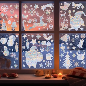 Close-up of holographic Christmas window clings featuring reindeer and snowflake designs