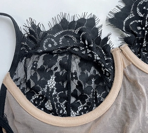 Détail de dentelle de cils noire sur maille beige pour un soutien-gorge respirant