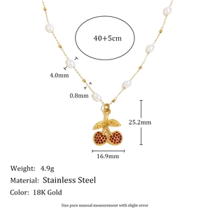 18K gold plated stainless steel cherry necklace with pearls and size measurements