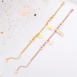 Detailed view of rabbit pendant and engraved square charm on rose gold titanium bracelet