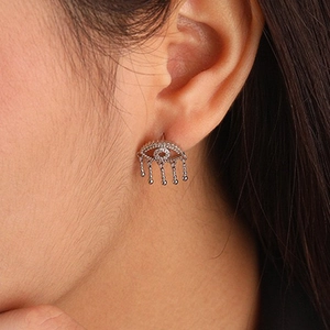 Elegant S925 sterling silver evil eye hoop earrings with sparkling stones and dangling tassels