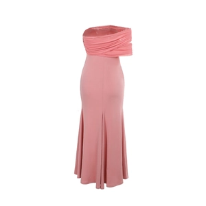 Detail of pink off-shoulder mermaid dress featuring elegant pleated bodice and slim fit cut