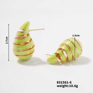 Detailed view of light green drop earrings with gold metal accents and size dimensions