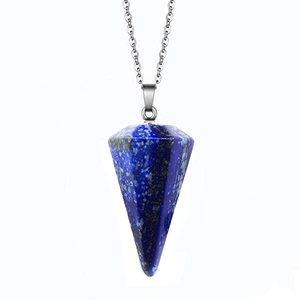 Blue natural stone hexagonal cone pendant necklace with silver link chain in white background