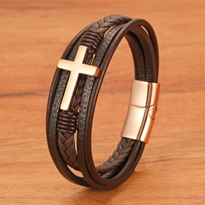 Cross Leather Bracelet For Men Multi-layer Braided Genuine Leather Stainless Steel Magnetic Clasp Brown Vintage Religious