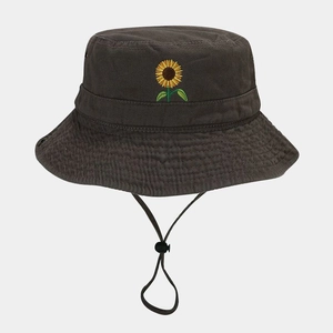 Detail of sunflower embroidery on charcoal cotton bucket hat with adjustable wind cord