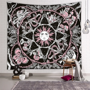 Mystical mushroom and sun tapestry with skull and snake patterns for wall decoration