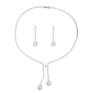Elegant silver teardrop zircon bridal jewelry set featuring floral necklace and earrings