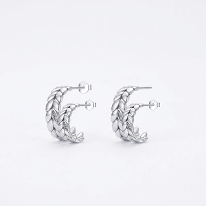 Vintage S925 sterling silver leaf hoop earrings with zircon accents and braided texture