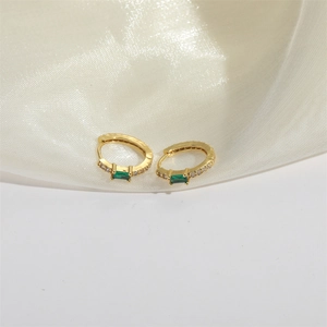 French vintage gold earrings with square green gemstones and white diamond accents
