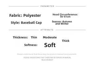 Detailed specification chart for autumn winter polyester baseball cap size 56-61cm