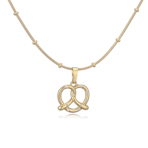 Golden pretzel pendant necklace with sparkling cubic zirconia on a beaded chain link
