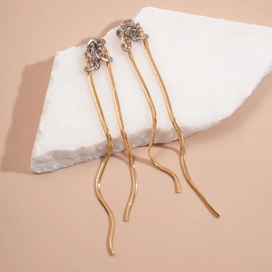 Minimalist long tassel chain earrings with silver links and gold snake bone chains