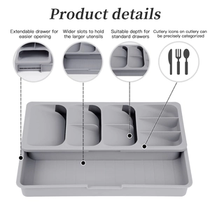 Expandable gray cutlery organizer for kitchen drawers with multiple sorting slots