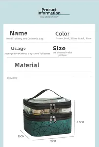 Detailed size guide for double-layer PU and PVC makeup bag with 23x19x15.5cm dimensions