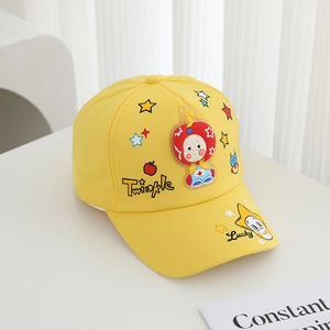Detail of yellow toddler baseball cap with 3D cartoon figure and Twinkle embroidery