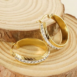 Créoles En Acier Inoxydable Plaquées Or 18K Avec Strass Design Géométrique Rond Bijoux De Mode Pour Femmes