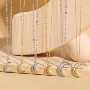 Crescent Moon Pendant Necklace Copper With Pavé Zircon Trendy Minimalist Luxury Style For Women