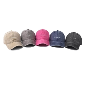Five distressed washed cotton baseball caps with mama embroidery in various vintage colors