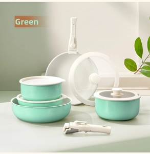 Detail view of mint green non-stick cookware set featuring detachable handle and ceramic coating