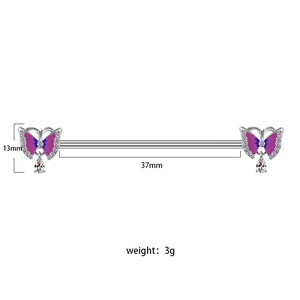 Dettagli misure per piercing industriale argento con farfalla in zircone viola