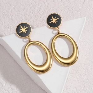 Chic 18K gold hollow pendant earrings with black star enamel disc and oval drop design