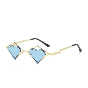 Chic heart-shaped irregular sunglasses with blue layered lenses and gold metal frames