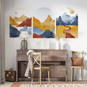 Set de 3 stickers muraux bohèmes avec paysages abstraits de montagnes et formes d'arches