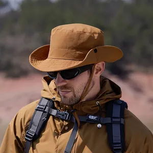 Brown wide brim tactical sun hat with quick-dry fabric for outdoor hiking and fishing