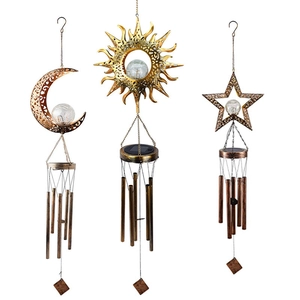 Solar moon sun star wind chime set with metal tubes and cracked glass globes