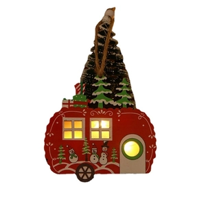 Lighted wooden Christmas truck hanging ornament with snowy tree and warm LED lights