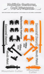 Detailed view of 3D printed action figure weapon set with katanas and pistols