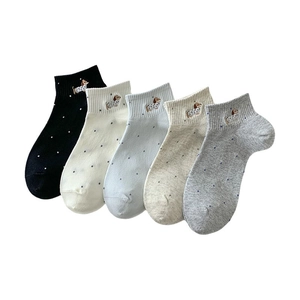 5-pack women's low cut cotton socks with puppy embroidery and polka dot patterns