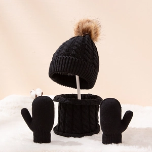 Black cable knit winter set for kids including beanie with pompom scarf and gloves