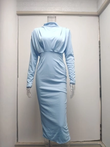 Detail of light blue long-sleeve midi dress featuring a high neck and waist-shaping pleats