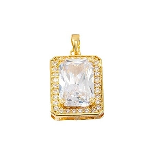 Elegant gold square pendant featuring a large purple zircon gemstone with halo diamonds