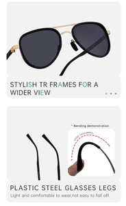 Detail of black polarized aviator sunglasses showing flexible TR frames and metal temples