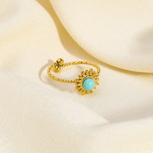 18K gold plated adjustable stainless steel ring with round turquoise and sunburst design
