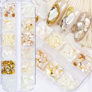 Natural iridescent shell flakes for nail art in 12-slot storage box with example design