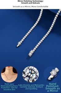 Detail view of 2mm silver tennis necklace with round-cut cubic zirconia and nano-plating