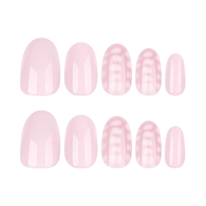 Glossy pale pink round press on nails set with 10 pieces on a clean white background