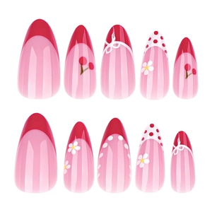 French red almond press-on nails with cherry, daisy, and bow tie art patterns