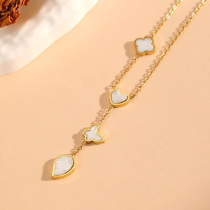 18k gold plated stainless steel necklace with clover, heart, and butterfly pendants