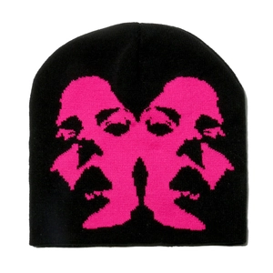 Black knit beanie with pink face graphic pattern for hip hop street style wear