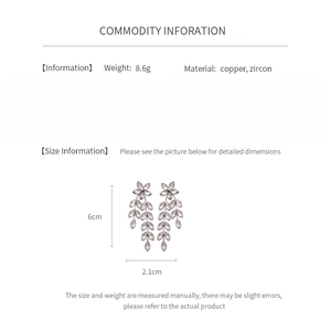Detailed chart showing earring size 6cm by 2.1cm and weight 8.6g for copper zircon earrings