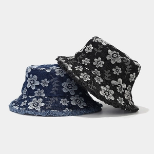 Women Vintage Floral Jacquard Denim Bucket Hat Frayed Edge Retro Chic Sun Protection Wide Brim Cotton Basin Hat