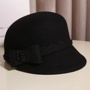 Elegant black wool cloche equestrian hat with a bow, lace trim and rhinestones