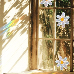 Rainbow holographic daisy window stickers reflecting colorful light spots on the wall